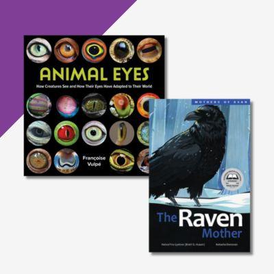 A collage of two book covers, Animal Eyes, and The Raven Mother