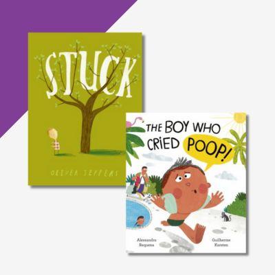 A collage of the books, Stuck and The Boy Who Cried Poop