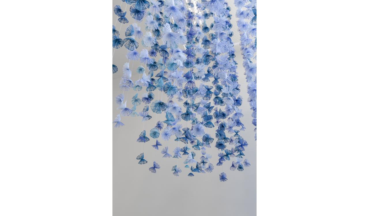 Wanderings and Traces, installation view at Idea Exchange, Hespeler, 2023. Amanda McCavour, Accumulate in Blue, 2022 - ongoing, thread and machine embroidery. Photo: Toni Hafkenscheid.