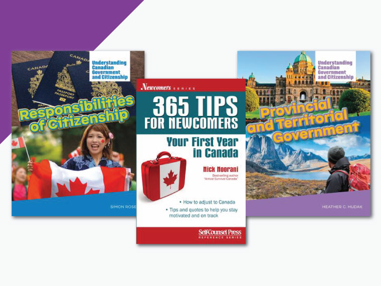 Collage of three books about Canadian citizenship