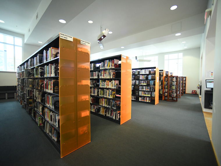 library shelves with books