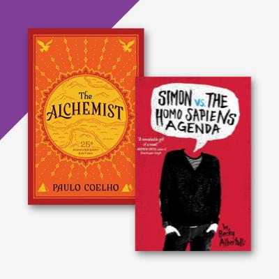 Collage of two books, The Alchemist and Simon vs the Homo Sapiens Agenda