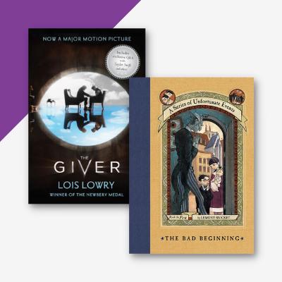 Collage of two book covers, The Giver and The Bad Beginning