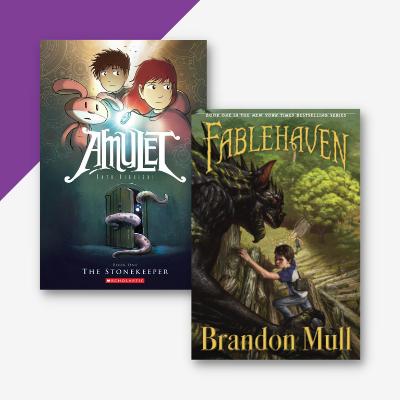 Collage of two book covers, Amulet and Fablehaven