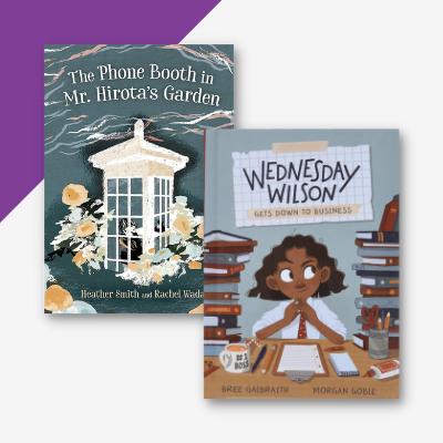Collage of two book covers, The Phone Booth in Mr Hirota's Garden and Wednesday Wilson