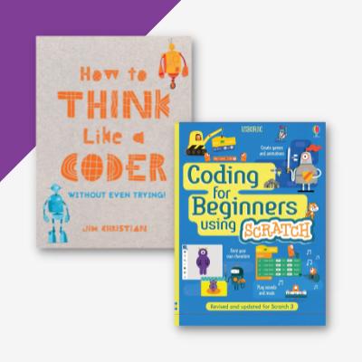 Collage of two book covers, How to Think Like a Coder adn Coding for Beginners Using Scratch