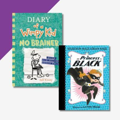A collage of the books, Diary of a Wimpy Kid: No Brainer and The Princess in Black