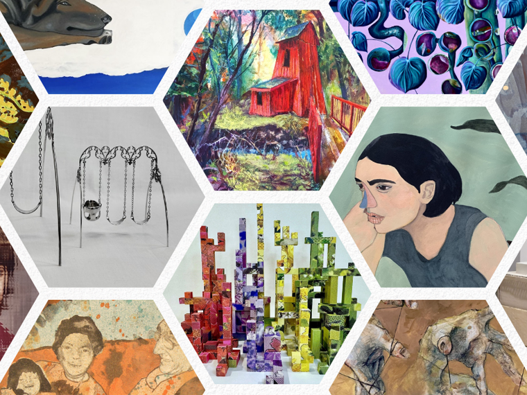 A collage of artworks in hexagonal frames