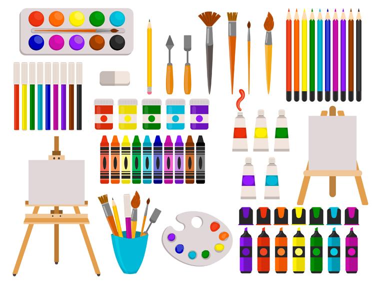 An illustrative drawing showing different art supplies