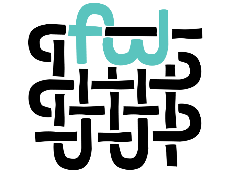 A graphic showing black woven lines and the letters F and W in blue interwoven into the design.