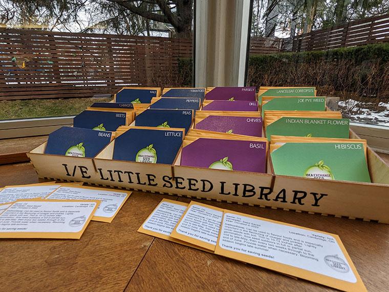 Little Seed Library on table with seed packets by a window.