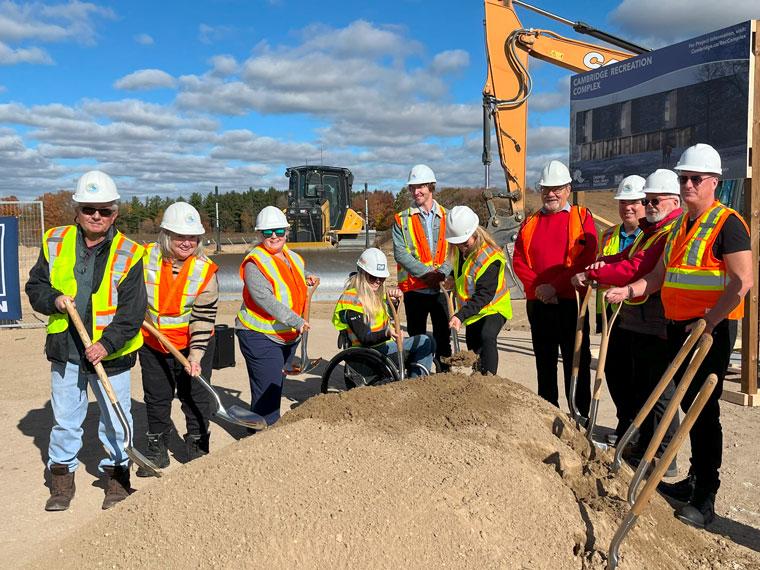 Chrissy Hodgins, CEO; Mayor Jan Liggett; Thomas Sandor, Cambridge Public Library Board chair; and other Councillors and  partners at the groundbreaking for the new Cambridge Recreation Complex.