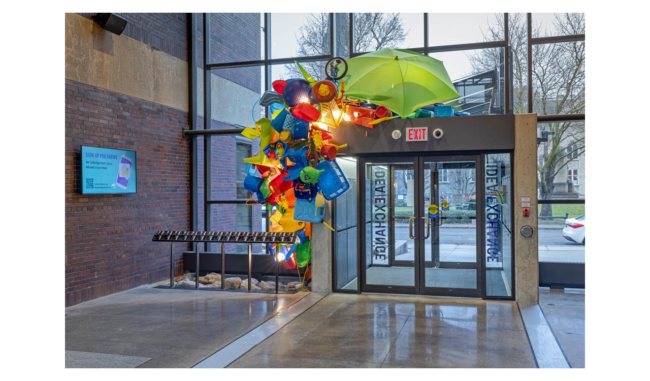 José Luis Torres: Stock-in-Transit, installation at Cambridge Public Library, Queen's Square lobby, 2024. Photo by Toni Hafkenscheid.