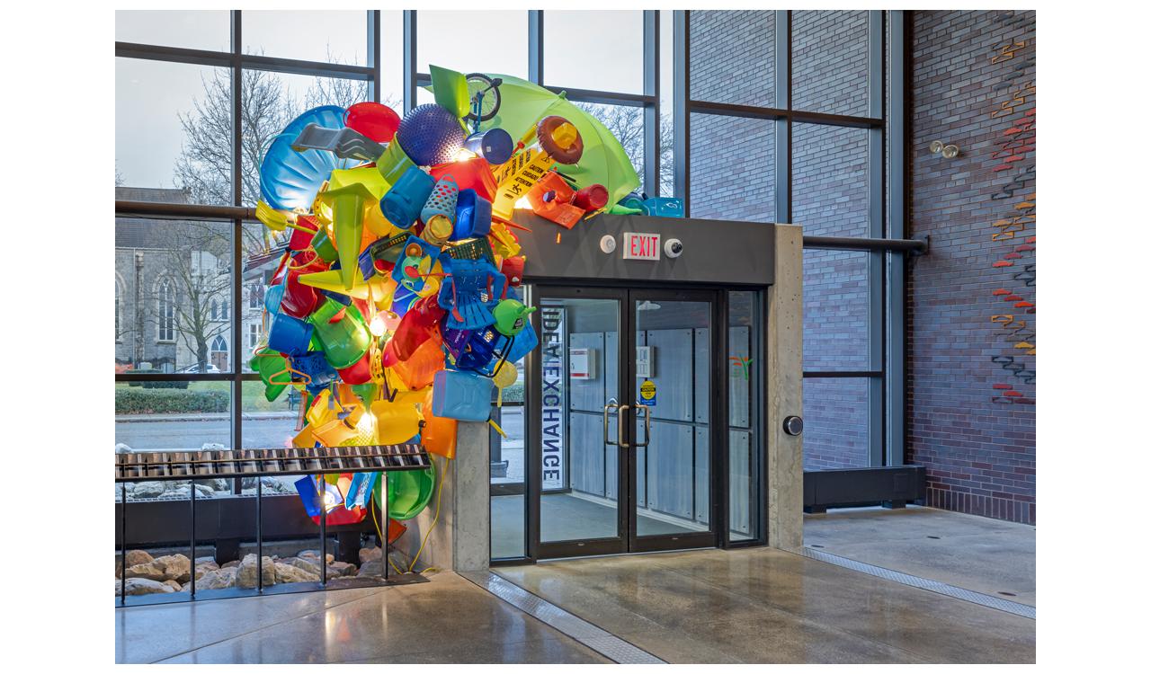 José Luis Torres: Stock-in-Transit, installation at Cambridge Public Library, Queen's Square lobby, 2024. Photo by Toni Hafkenscheid.