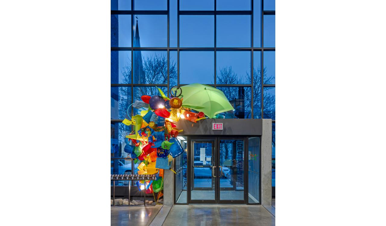 José Luis Torres: Stock-in-Transit, installation at Cambridge Public Library, Queen's Square lobby, 2024. Photo by Toni Hafkenscheid.