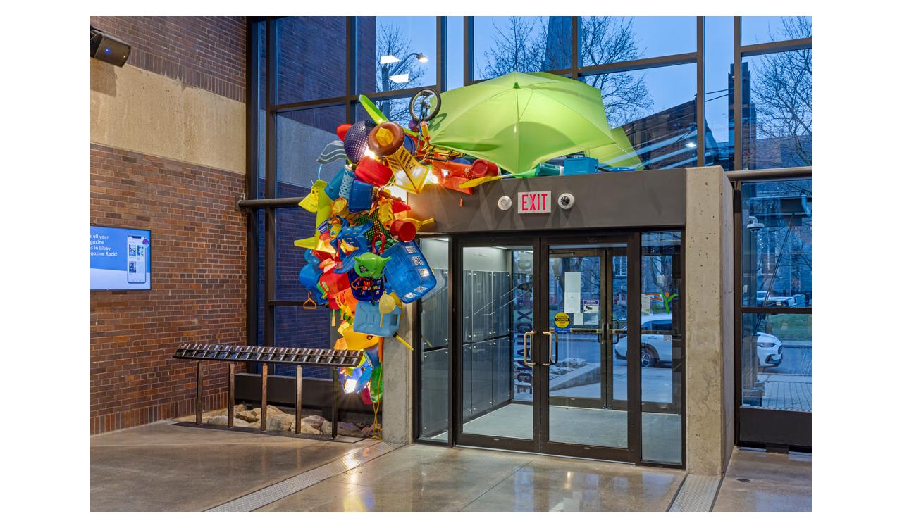 José Luis Torres: Stock-in-Transit, installation at Cambridge Public Library, Queen's Square lobby, 2024. Photo by Toni Hafkenscheid.