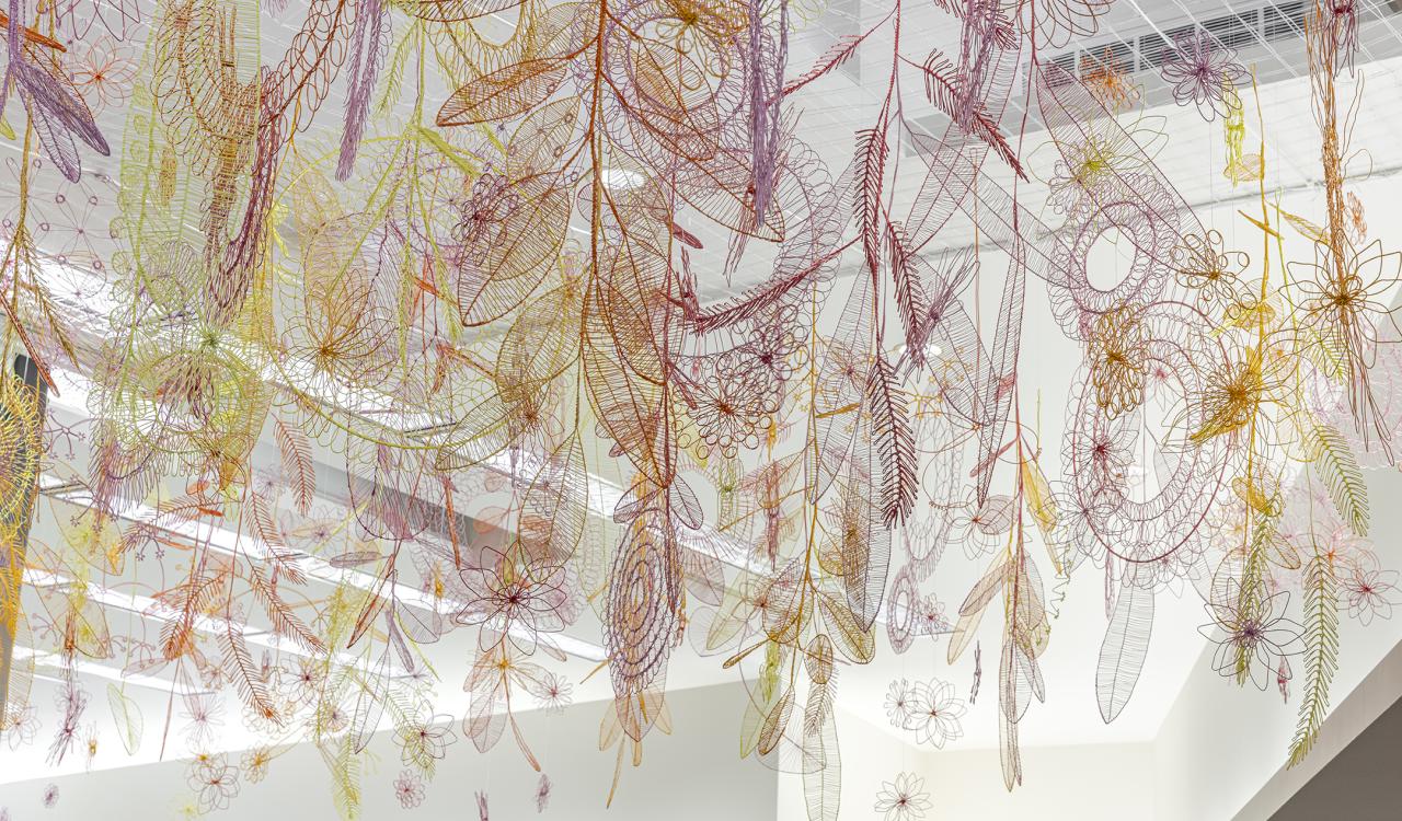 Wanderings and Traces, installation view at Idea Exchange, Preston, 2023.  Amanda McCavour, Sunset Canopy, 2023, powerder coated wire. Photo: Toni Hafkenscheid