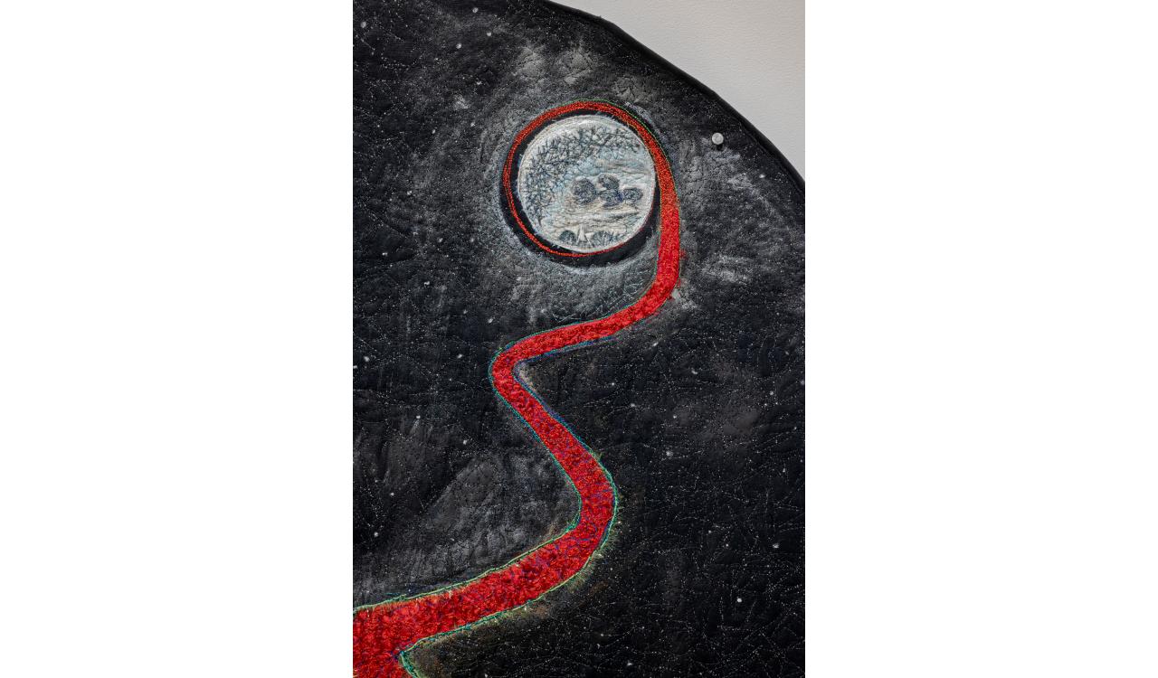 Heather Shillinglaw, MNIDOONS GIIZIS OONHG (LITTLE SPIRIT MOON) – NOVEMBER, 2021, (Fibreworks 2022, Installation, Cambridge Art Galleries), Photo by Toni Hafkenscheid⁠