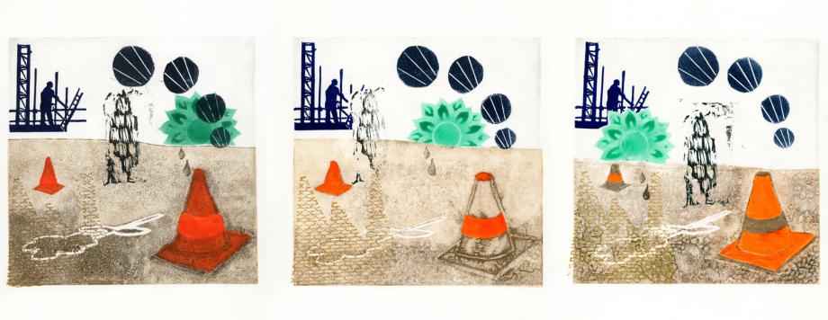 Riverside Print Group, Under Construction (details, plate #6, state #9), 2021, linocut and monotype on Stonehenge paper, variable edition. Courtesy of the artists.