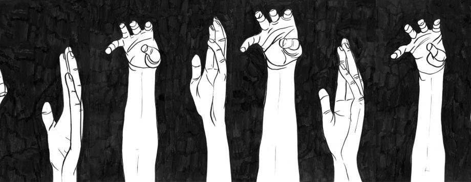 A detail of Hazel Meyer’s no pressure, no diamonds, 2015 zine showing a black and white pen and ink drawing of six white gesturing hands on a black background. 