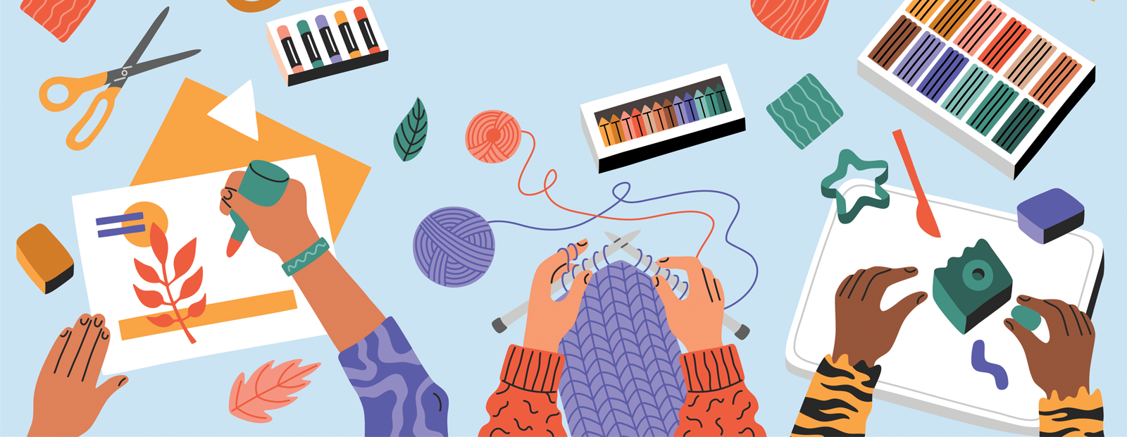 A colourful illustration showing different hands working on various crafts.