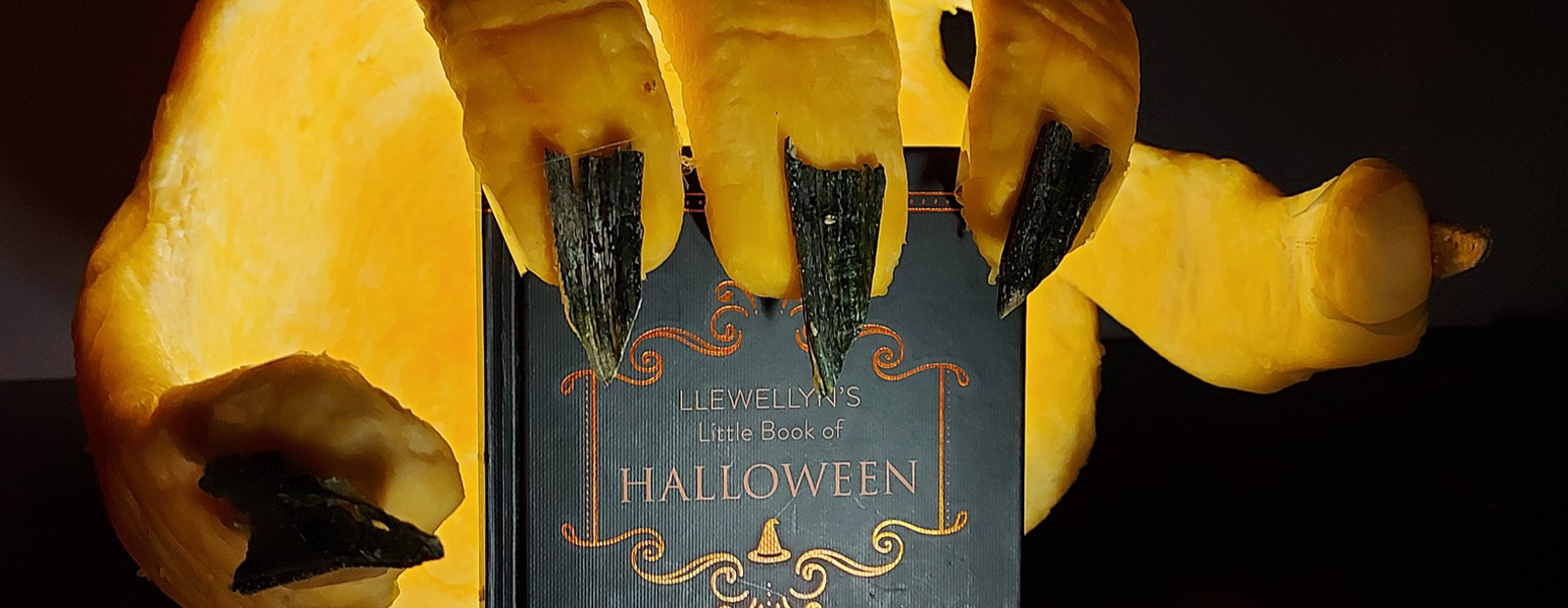 a photograph showing a curved hand carved out of pumpkin holding a black book with the title The Little Book Of Halloween.