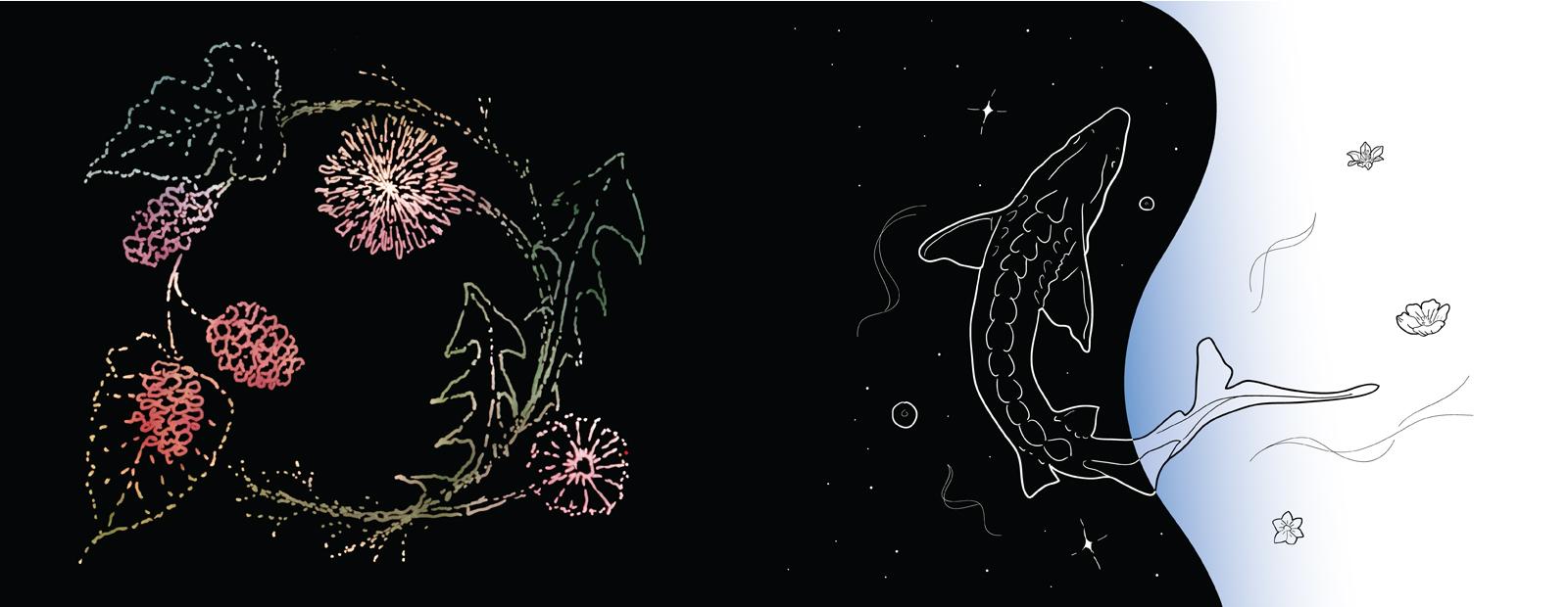 Left: Amina Lalor, mulberries & dandelions, 2020, mixed media illustration. Courtesy of artist.Right: Dani Kastelein-Longlade, Relations, 2022, digital illustration. Courtesy of artists. 