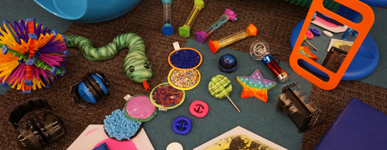 Items from the sensory collection such as colourful toys and stuff animals