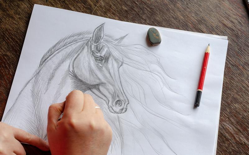 Person drawing a horse with drawing supplies nearby on a wooden desk